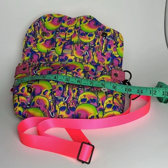 Skull Neon Pink Glitter Drippy Psychedelic Crossbody Bag with Strap - Picture 8 of 12